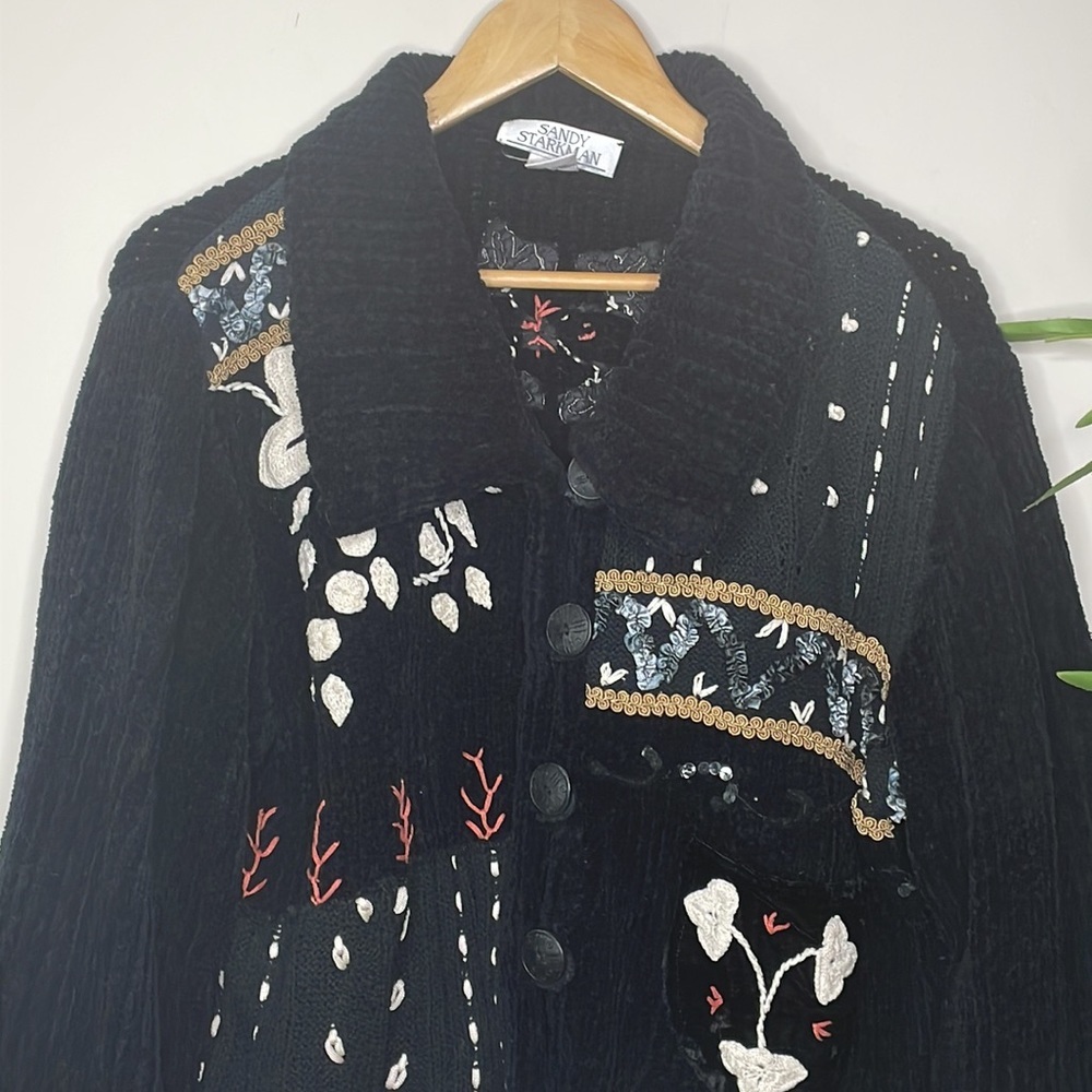 Vintage Sandy Starkman || Chenille Button Front/Ribbon Art Sweater/Jacket - Picture 5 of 17